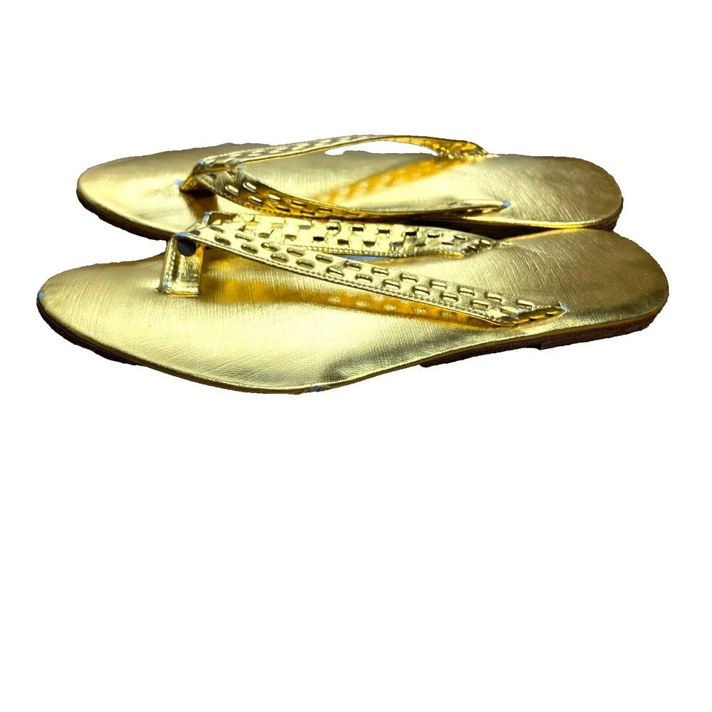 Hand Crafted Metallic Gold Wood Sole Thong Flat Slip On Island Shoe Womens 5 Vtg